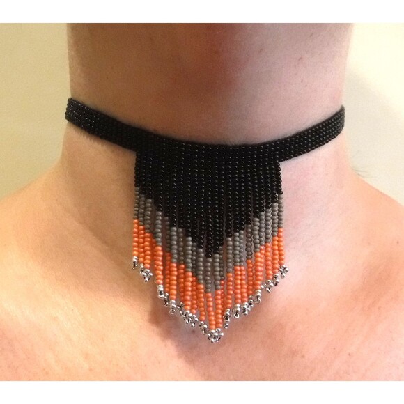 Hand Crafted Jewelry - Loom Beaded Choker Necklace w/ Fringe Black